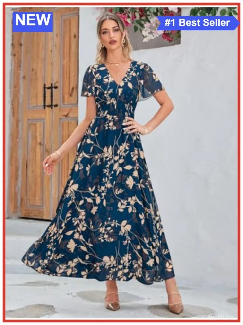 Boho Floral Maxi Dress V Neck Short Sleeve Flowy Long Casual Wedding Guest